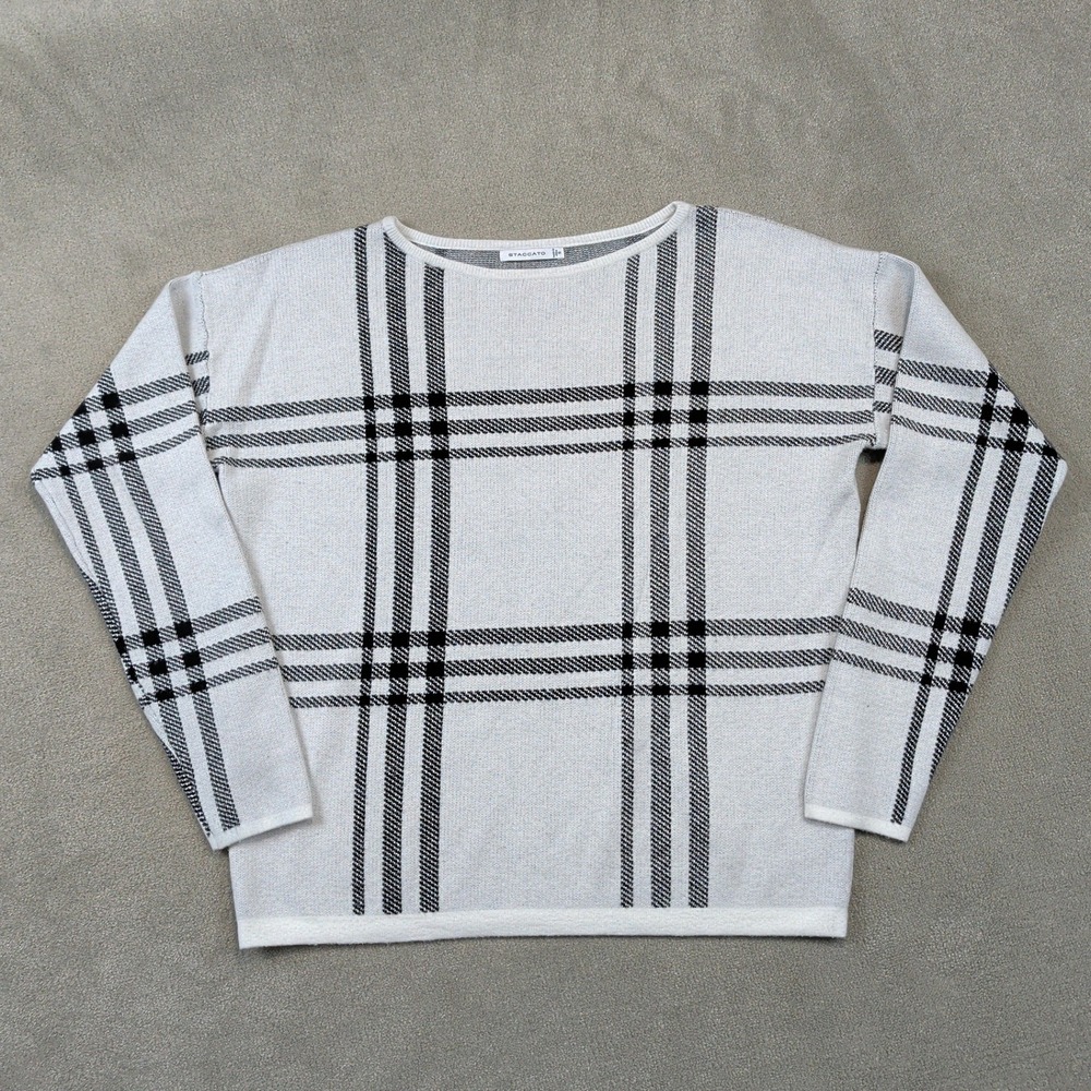 Staccato Plaid Sweater Size S Womens White Black Boat Neck Knit Top 54110